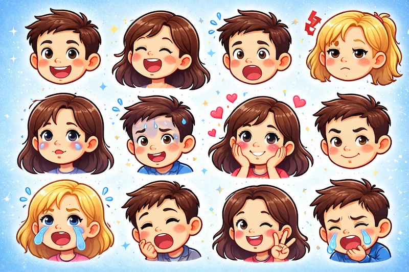 A collection of cartoon faces showing different emotions such as happiness, surprise, sadness, excitement, and shyness.